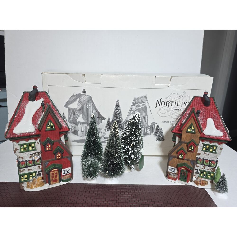 Department 56 Heritage Village Lot Of 7. Tree, Road, Doll And Teddybear Shops.